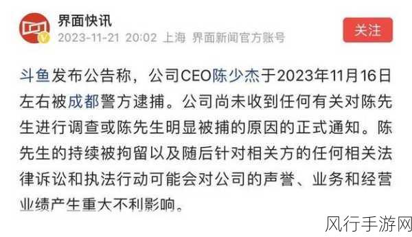 斗鱼CEO陈少杰被捕！公司运营面临重大考验