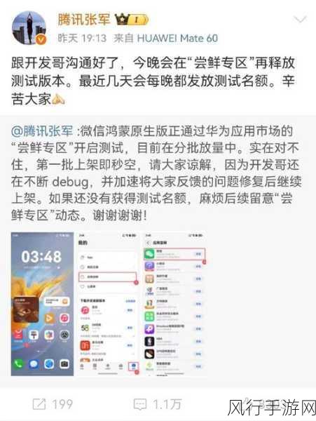 微信鸿蒙原生版测试名额每晚发放，手游公司密切关注